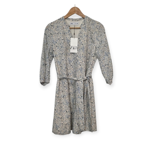 NWT ZARA Dress Medium Blue White Floral Tie Waist Women’s - Picture 2 of 16